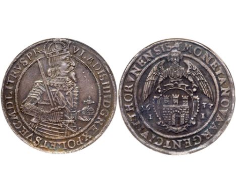 Taler/Talar 1637 II, 28.41g. Toru?/Thorn. Armored half-figure of the king right, holding sword against shoulder and orb. Rev.