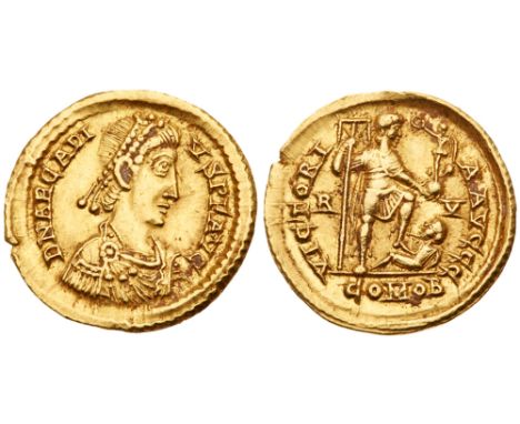 Arcadius. Gold Solidus (4.49 g, 6h), AD 383-408. Mint of Ravenna, c. A.D. 402-6. D N ARCADI-VS P F AVG, pearl-diademed, drape