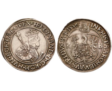 Silver Taler/Tallér, 1556 KB, 28.63g. Körmöcbánya/Kremnitz. Crowned, armored half-figure right, holding scepter, hand on hilt