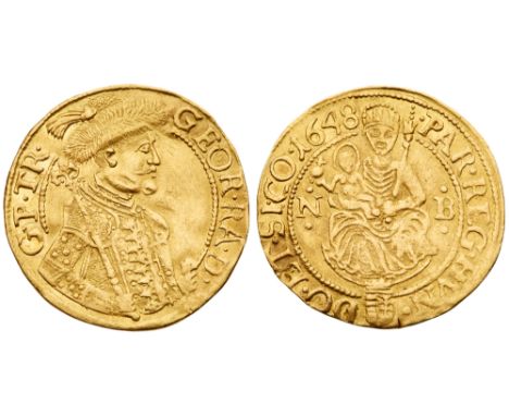 Ducat/Aranyforint, 1648 NB, 3.42g. Nagybánya/Neustadt. GEOR.RA.D.-G.P.TR., Armored bust right, wearing fur cap and holding sc