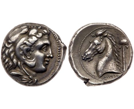 Siculo-Punic, Silver Tetradrachm (17.11g, 3h), 300 BC. Head of young Herakles facing right, wearing a lion's skin headdress. 