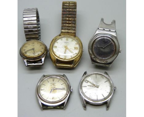 Five wristwatches; two Rotary, Nivada a/f, Swatch and Seiko 