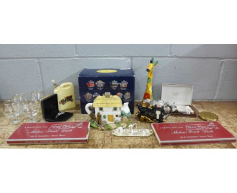 Assorted items, Katie O'Brien's cottage teapot, a Royal Winton dish, an oil decanter, a miniature tea service, six glasses, e