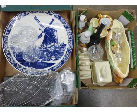 Assorted china including Sylvac, an Art Deco glass dressing table set, a Delft charger, Lurpak advertising items and a pair o