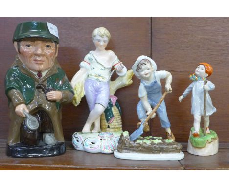 Two Royal Worcester figures Thursday's and Saturday's child, a Samson Hancock Derby Summer figure and a Royal Doulton Sherloc