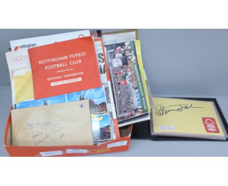 Football memorabilia; Nottingham Forest ephemera, autographs, match ticket stubs, 1957/8 promotion souvenir booklet, postcard