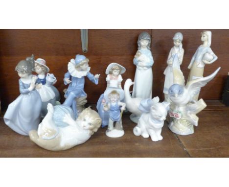 A Nao figure of a kitten with ball of wool, seven other Nao figures, one a/f and other Spanish figures 