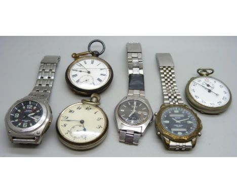 A silver cased Benson pocket watch, one other pocket watch, a stop-watch, a Seiko wristwatch and two other wristwatches 