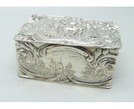 A Dutch snuff box with a dancing scene, marked .800, 45g 