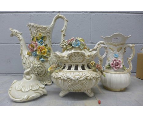 Four items of Capodimonte including a large decorative teapot **PLEASE NOTE THIS LOT IS NOT ELIGIBLE FOR IN-HOUSE POSTING AND