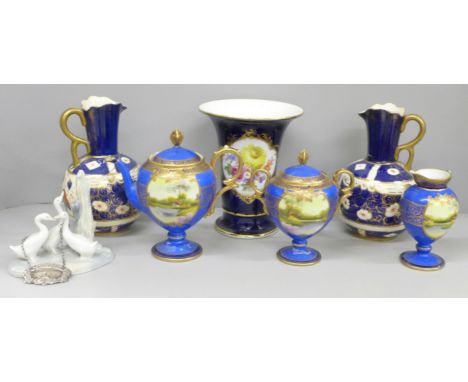 A Noritake decorative three piece tea service, jug a/f, handle, a Nao figure group of ducks, a pair of Imari vases, a Meissen