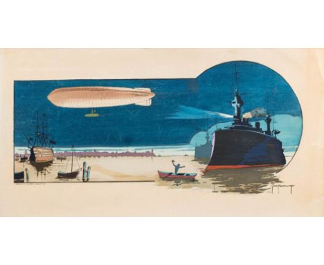 * H. L. Roowy [20th Century]-'Dirigeable la Nuit'; Zeppelin & Naval battleships in a harbour setting,:-coloured lithograph pu