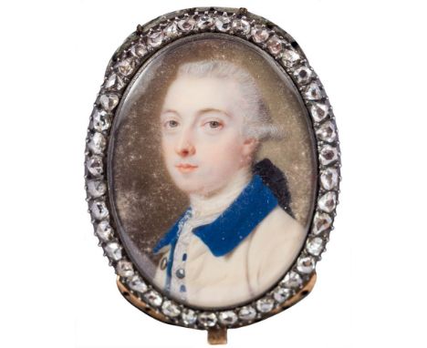 Attributed to John Smart [1742-1811]- A miniature portrait of a gentleman,: head and shoulders with powdered wig tied in a bl