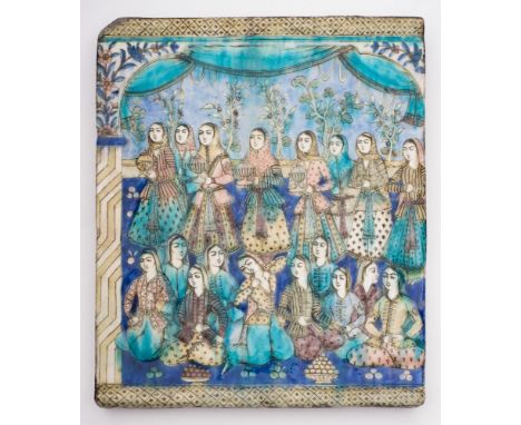 A large Qajar relief-moulded tile: depicting a court scene with two rows of female figures under a canopied archway with a ga