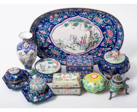 A mixed lot of Canton and other famille rose enamel: including boxes and covers, a tray, two small dishes, a vase and a minia
