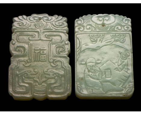 Two Chinese pale celadon jade pendants: of shaped rectangular form, one carved with an archaic design and chilong, 5 x 3.5cm;