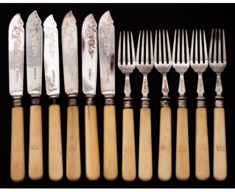 A set of six Victorian silver fish knives and six forks, maker Harrison Brothers &amp; Howson, Sheffield, 1886/87: with crest