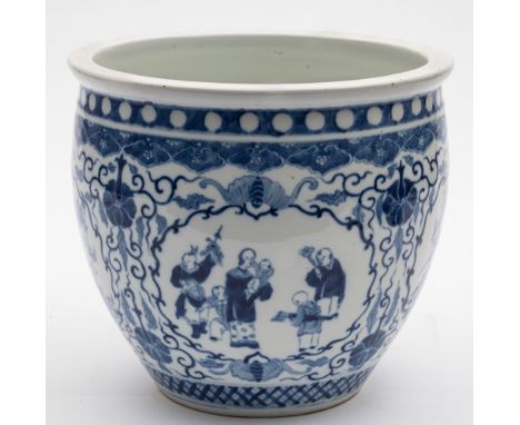 A Chinese blue and white jardiniere: painted with panels of figures and birds on a ground of scrollwork, foliage and bats, ap