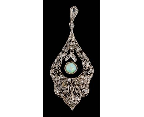 An opal and diamond chip pendant: approximately 50mm long, 3.5gms gross weight. 