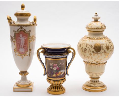 A Minton pâte-sur-pâte  vase and cover attributed to Alboin Birks; a Minton vase and cover and a Royal Worcester vase: the fi