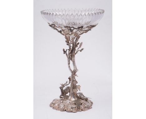 A silver plated table centrepiece: inscribed,  with circular clear cut glass fluted bowl, mounted on a dwarf oak tree with ac