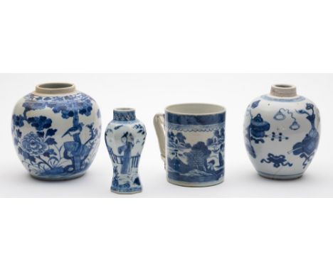 A group of Chinese blue and white decorated porcelain: comprising a small octagonal vase with a Long Eliza figure, a mug pain