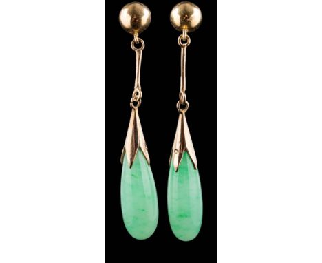 A pair of jade mounted drop earrings: approximately 37mm overall length, 2.5gms gross weight. 