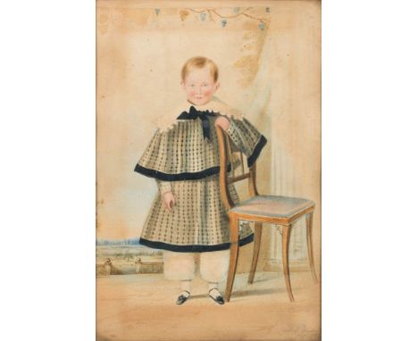 C H J Hunt [early 19th Century]-Portrait of a boy,:- full-length standing beside a dining chairview to a county estate beyond