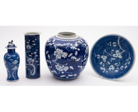 A group of Chinese blue and white decorated porcelain: comprising an oviform jar decorated with flowering prunus, apocryphal 