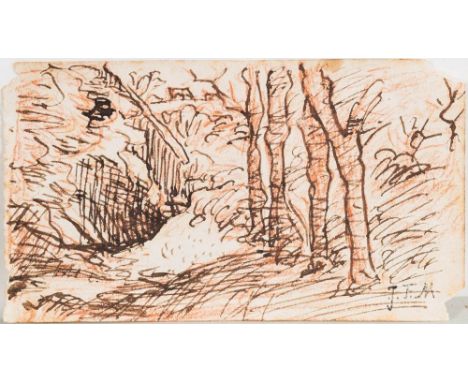 Attributed to Jean Francois Millet [1814-1875]-Woodland sketch, from an album,:-pen, ink and coloured chalk drawingJFM studio