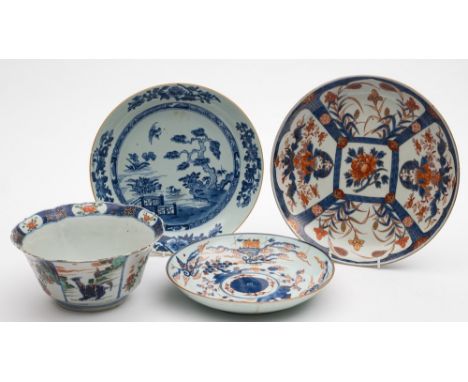 A mixed lot of Chinese and Japanese ceramics: comprising a shaped famille verte bowl with barbed edge, painted with mythical 