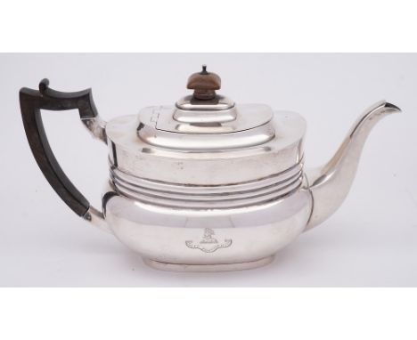 A George V silver teapot, maker Edward Barnard & Sons, London, 1911:  bearing Prideaux family crest, of barge-shaped outline,