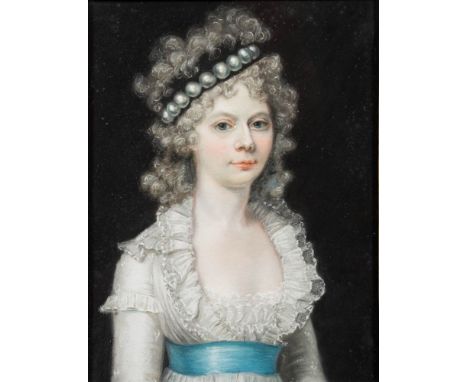 English School 18th Century-Portrait of a young lady, known as Mrs Wartnaby,:-head and shoulders, with powdered hair and blue