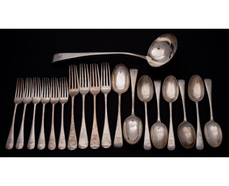 An Edward VII near matching silver old English pattern part flatware service, maker Josiah Williams &amp; Co, London, 1905, 0