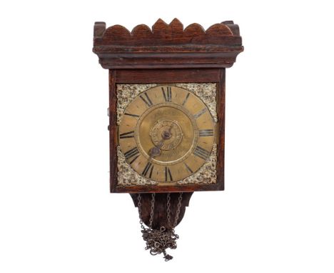 James Ashmead, Dudbridge, an oak hooded wall clock with brass dial: the thirty-hour duration, weight-driven movement having a