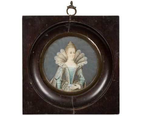 English School 18/19th Century-Miniature portrait of an Elizabethan lady, half-length standing,:- with hair tied high and wea