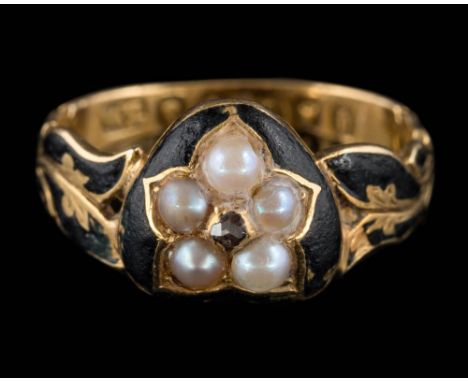 A Victorian 18ct gold, pearl and diamond, black enamelled ring: circa 1863, the shank hallmarked with duty stamp and with hea