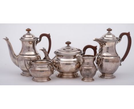 A George VI silver five-piece tea and coffee service, maker Adie Brothers Ltd, Birmingham, 1950/51: of ovoid outline with fol