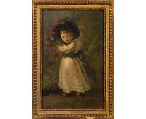 French School 19th Century-Portrait of a child, full-length standing,:- with blue eyes and wearing a wide brimmed hat, white 