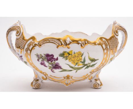 A Spode botanical bone china centrepiece: of two-handled oval form on scroll feet, transfer printed with 'Cenothera & Serapia