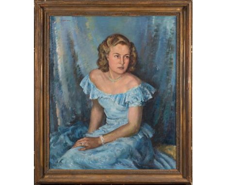 * Francis Wynne Thomas [1907-1989]-Portrait of Moira Major, three-quarter length seated,:-with wavy fair hair, wearing a blue