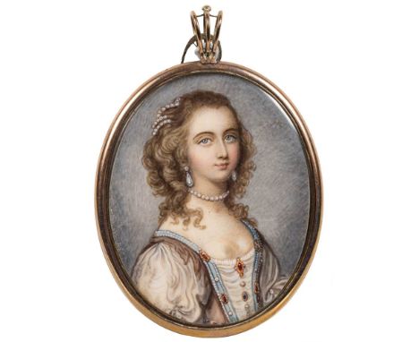 English School - A miniature portrait of a young lady,:- bust-length with long fair hair,  wearing pearls and a jewelled dres