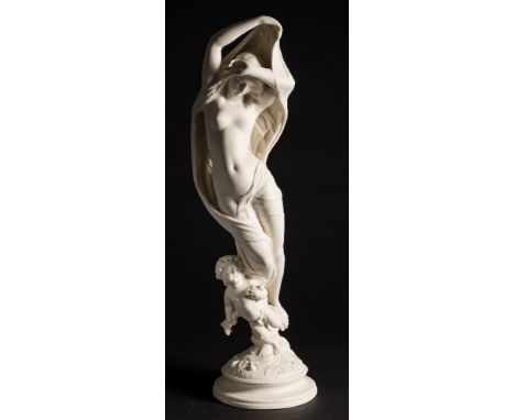 A Robinson and Leadbeater parian figure of Night: holding her cloak of stars over her head, a cherub below, impressed '200', 