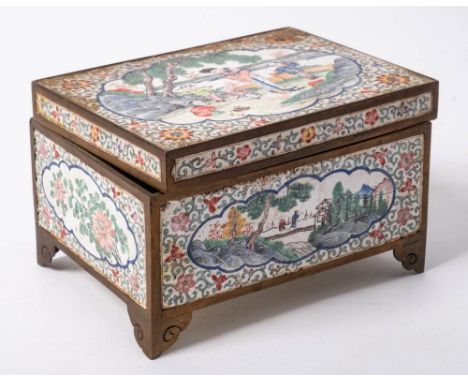 A Chinese brass and Canton enamel mounted rectangular box: the enamel plaques decorated with panels depicting children playin