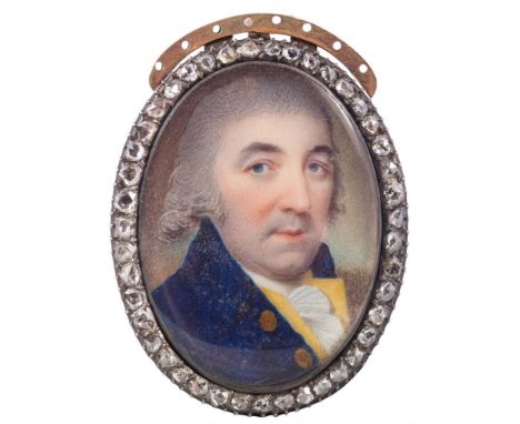 English School Circa 1790-A miniature portrait of a gentleman, head and shoulders with powdered wig and blue eyes, wearing a 