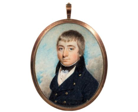 English School early 19th Century-A miniature portrait of a young man,: head and shoulders with fair hair and blue eyes, wear