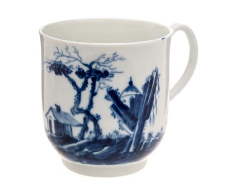 A First Period Worcester coffee cup: with slightly everted rim and grooved strap handle, painted in the 'Gazebo' pattern [I.B