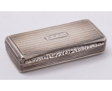 A George IV silver snuff box, maker William Simpson, Birmingham, 1827: inscribed, of rectangular outline with engine turned d