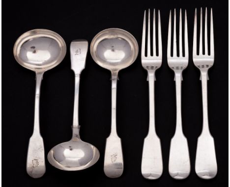 A pair of Victorian silver Fiddle pattern sauce ladles, maker Francis Higgins II, London, 1880: initialled, a similar sauce l