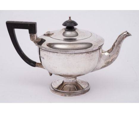 A George VI silver pedestal teapot, maker Walker &amp; Hall, Sheffield, 1939: of circular outline with gadrooned rim, raised 